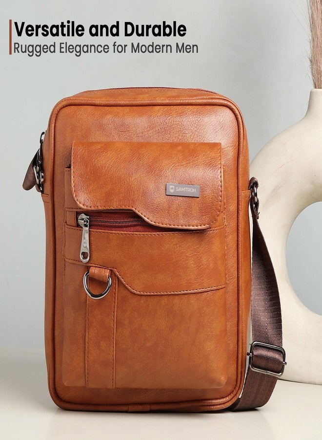 SAMTROH Vegan Leather Small Sling Bag for Men, Chest Crossbody Side Bag, Mini Leather Passport Sling, Corporate Gift Item (Tan) - Image 4